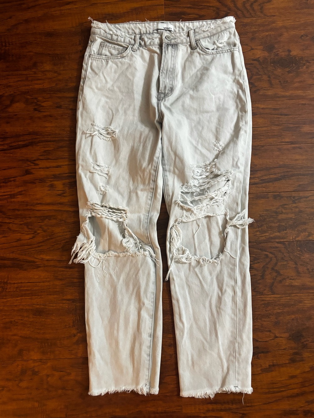 VERVET Ultra Distressed Jeans 100% Cotton Grunge Ripped Light Gray White Denim